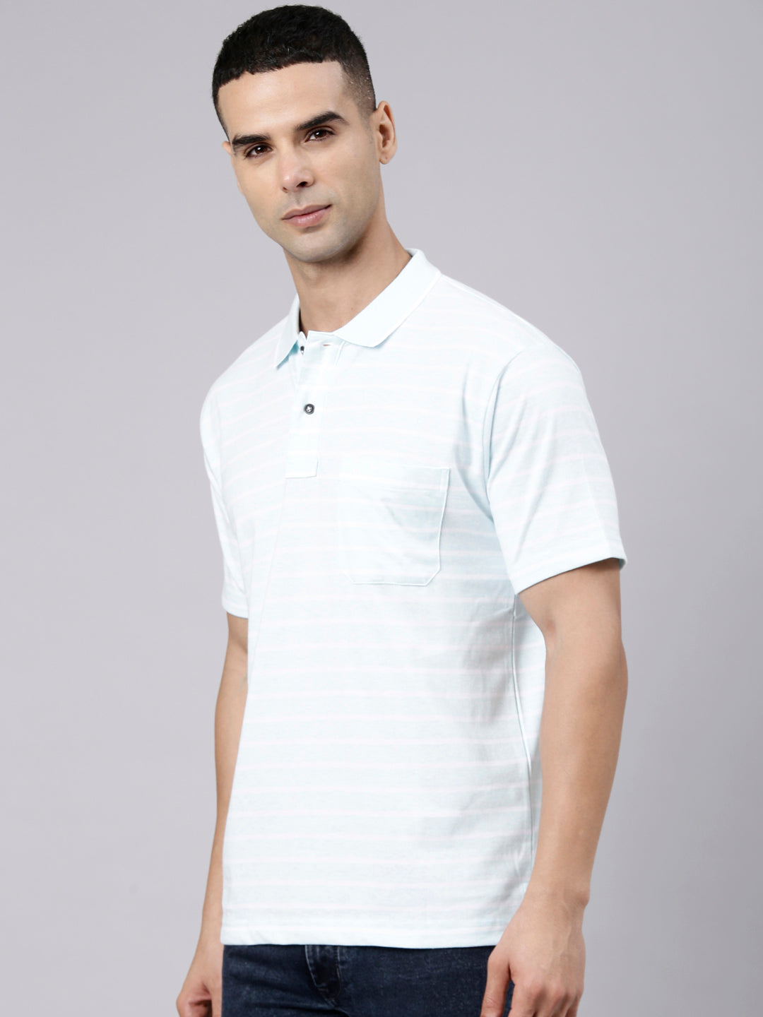 Classic Polo Men's Half Sleeve Light Blue Polo Neck Authentic Fit Striped Cotton Blend T-Shirt | LTS-STR - 112 B AF P