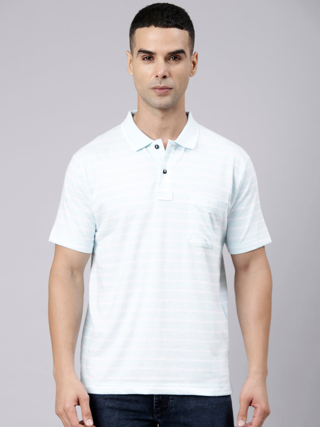 Classic Polo Men's Half Sleeve Light Blue Polo Neck Authentic Fit Striped Cotton Blend T-Shirt | LTS-STR - 112 B AF P