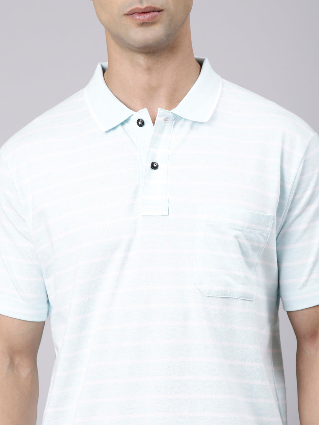 Classic Polo Men's Half Sleeve Light Blue Polo Neck Authentic Fit Striped Cotton Blend T-Shirt | LTS-STR - 112 B AF P