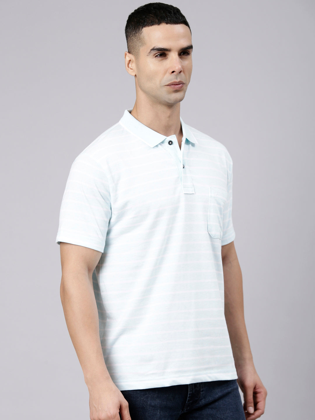 Classic Polo Men's Half Sleeve Light Blue Polo Neck Authentic Fit Striped Cotton Blend T-Shirt | LTS-STR - 112 B AF P