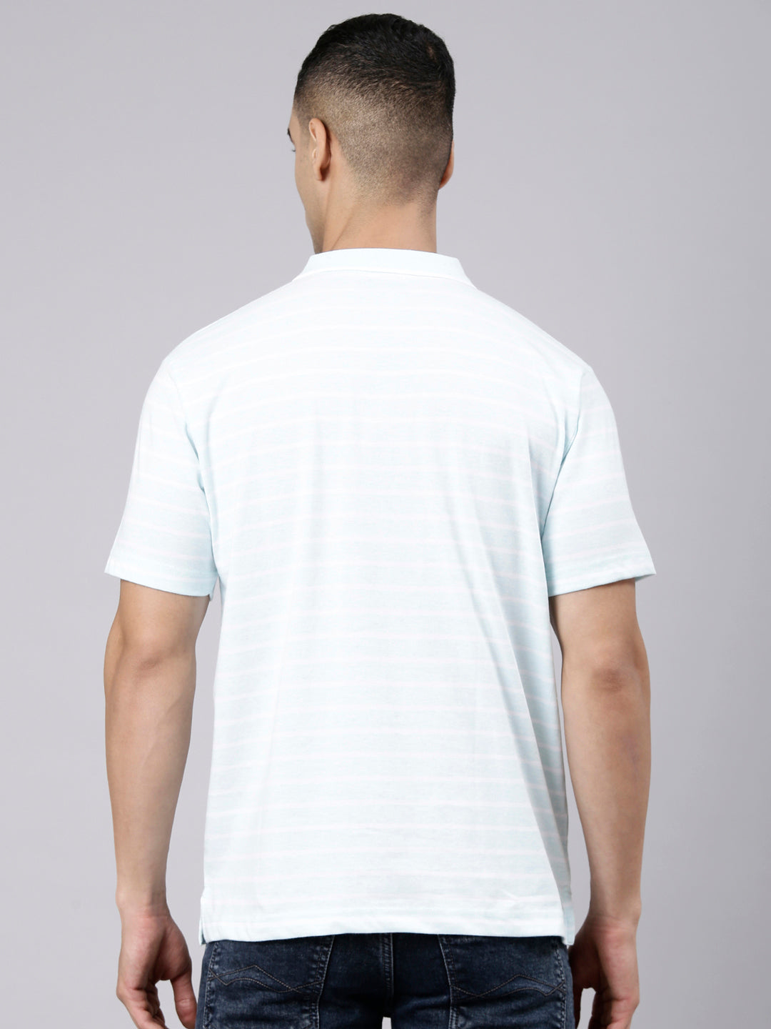 Classic Polo Men's Half Sleeve Light Blue Polo Neck Authentic Fit Striped Cotton Blend T-Shirt | LTS-STR - 112 B AF P