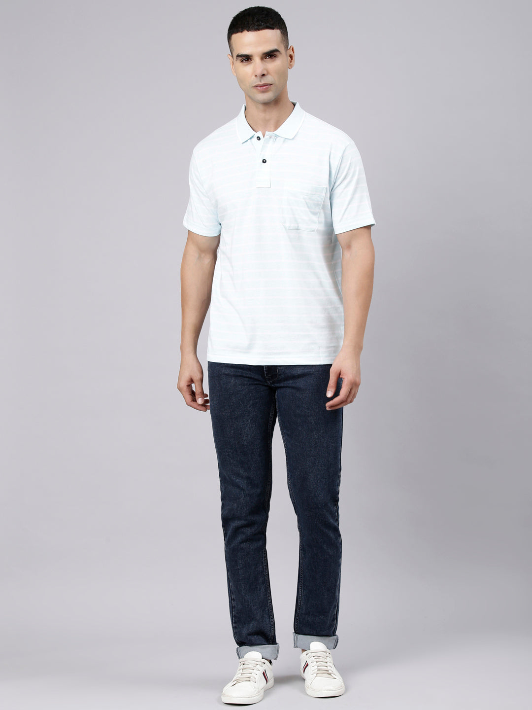 Classic Polo Men's Half Sleeve Light Blue Polo Neck Authentic Fit Striped Cotton Blend T-Shirt | LTS-STR - 112 B AF P