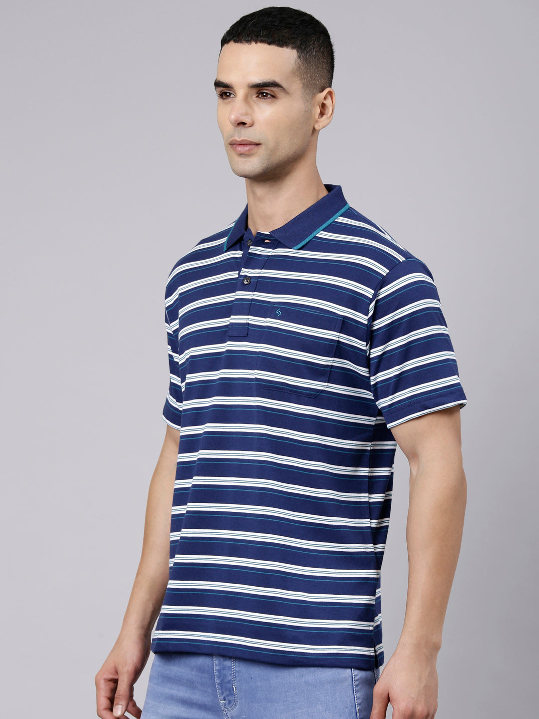 Classic Polo Men's Half Sleeve Navy Blue Polo Neck Authentic Fit Striped Cotton Blend T-Shirt | LTS-STR - 113 B AF P
