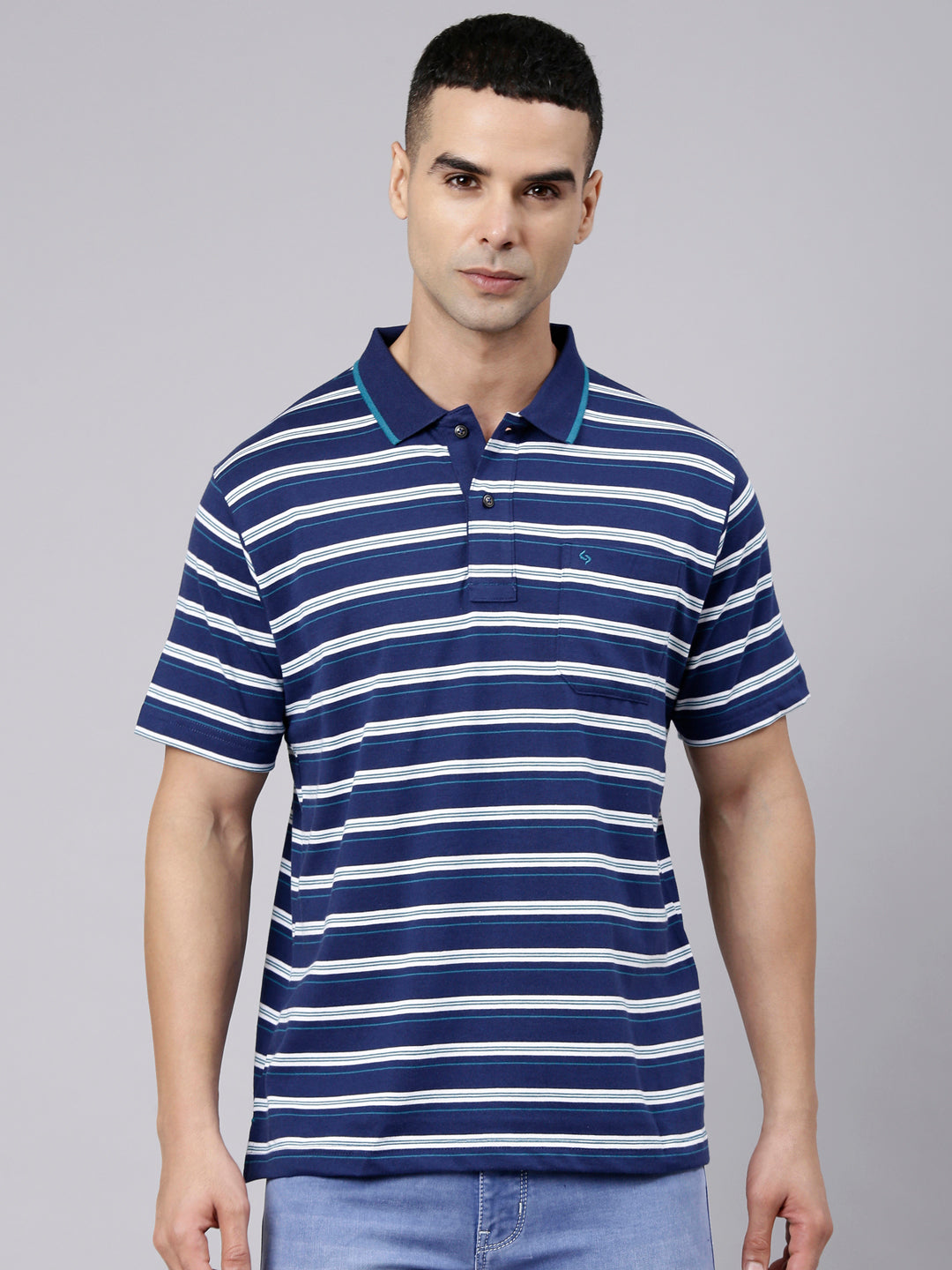 Classic Polo Men's Half Sleeve Navy Blue Polo Neck Authentic Fit Striped Cotton Blend T-Shirt | LTS-STR - 113 B AF P
