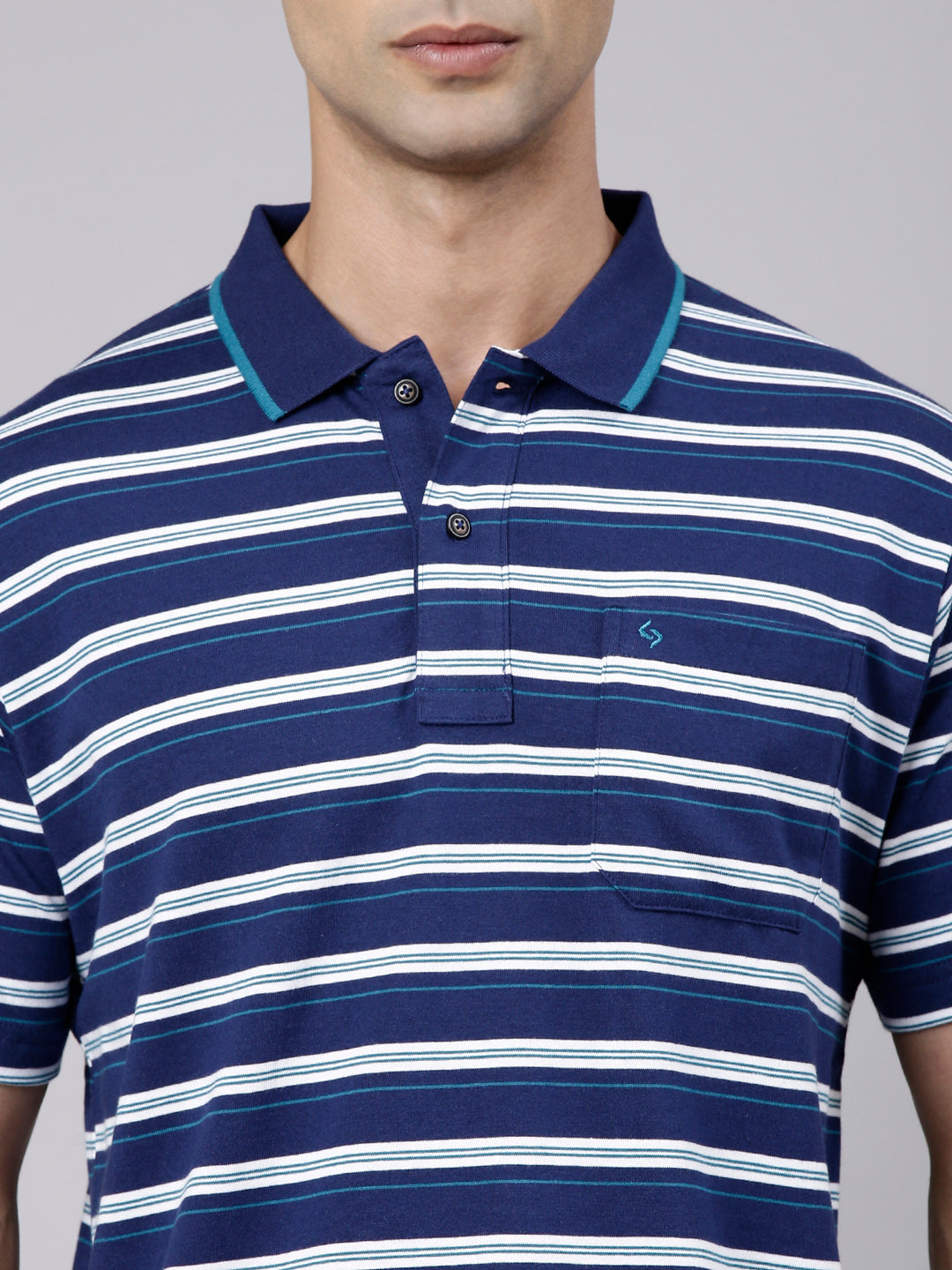Classic Polo Men's Half Sleeve Navy Blue Polo Neck Authentic Fit Striped Cotton Blend T-Shirt | LTS-STR - 113 B AF P