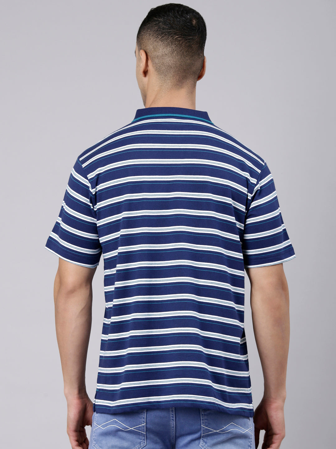 Classic Polo Men's Half Sleeve Navy Blue Polo Neck Authentic Fit Striped Cotton Blend T-Shirt | LTS-STR - 113 B AF P
