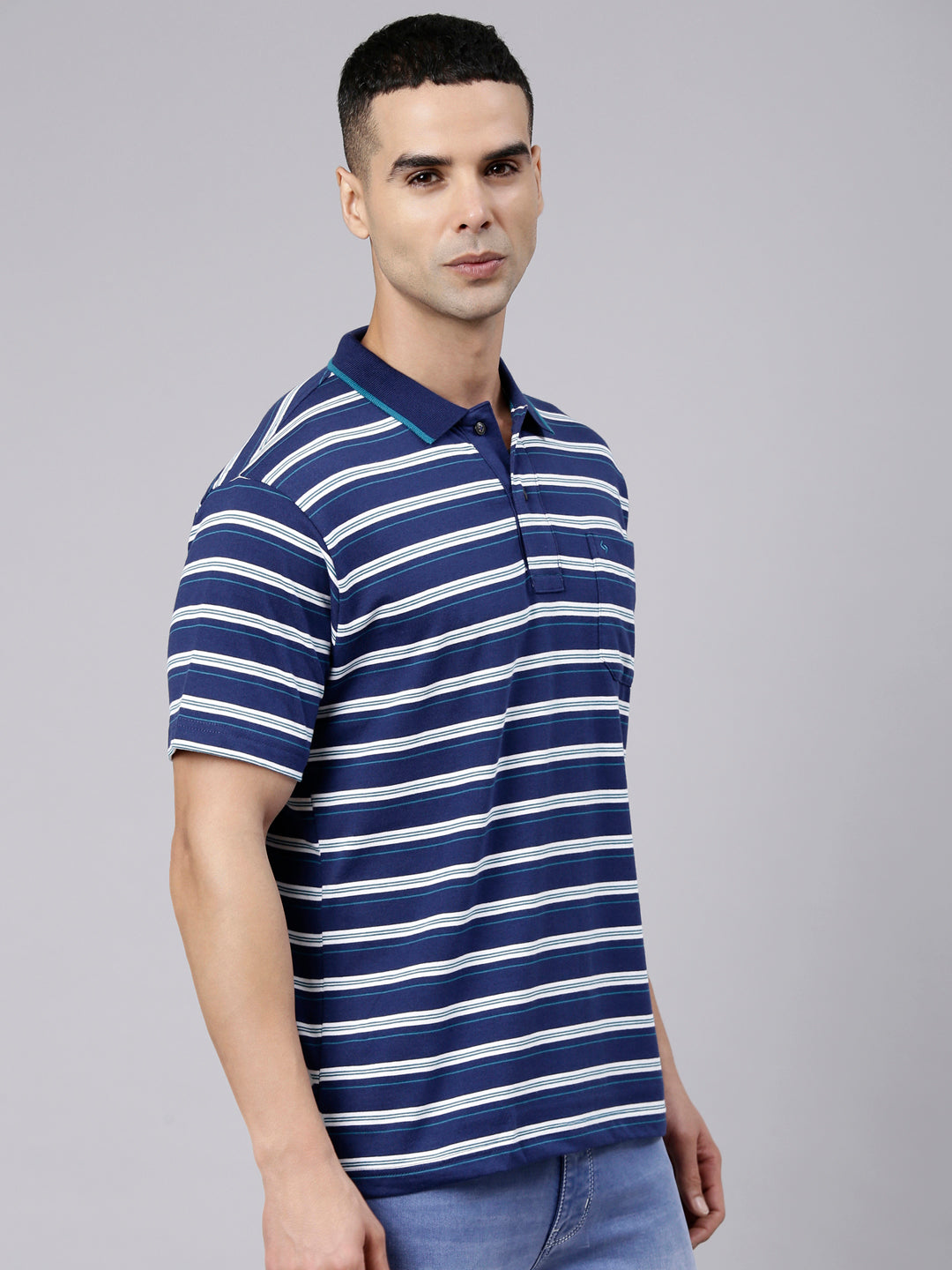 Classic Polo Men's Half Sleeve Navy Blue Polo Neck Authentic Fit Striped Cotton Blend T-Shirt | LTS-STR - 113 B AF P