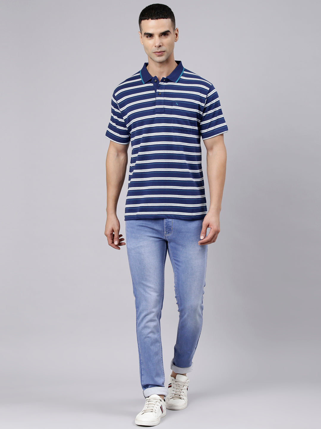 Classic Polo Men's Half Sleeve Navy Blue Polo Neck Authentic Fit Striped Cotton Blend T-Shirt | LTS-STR - 113 B AF P