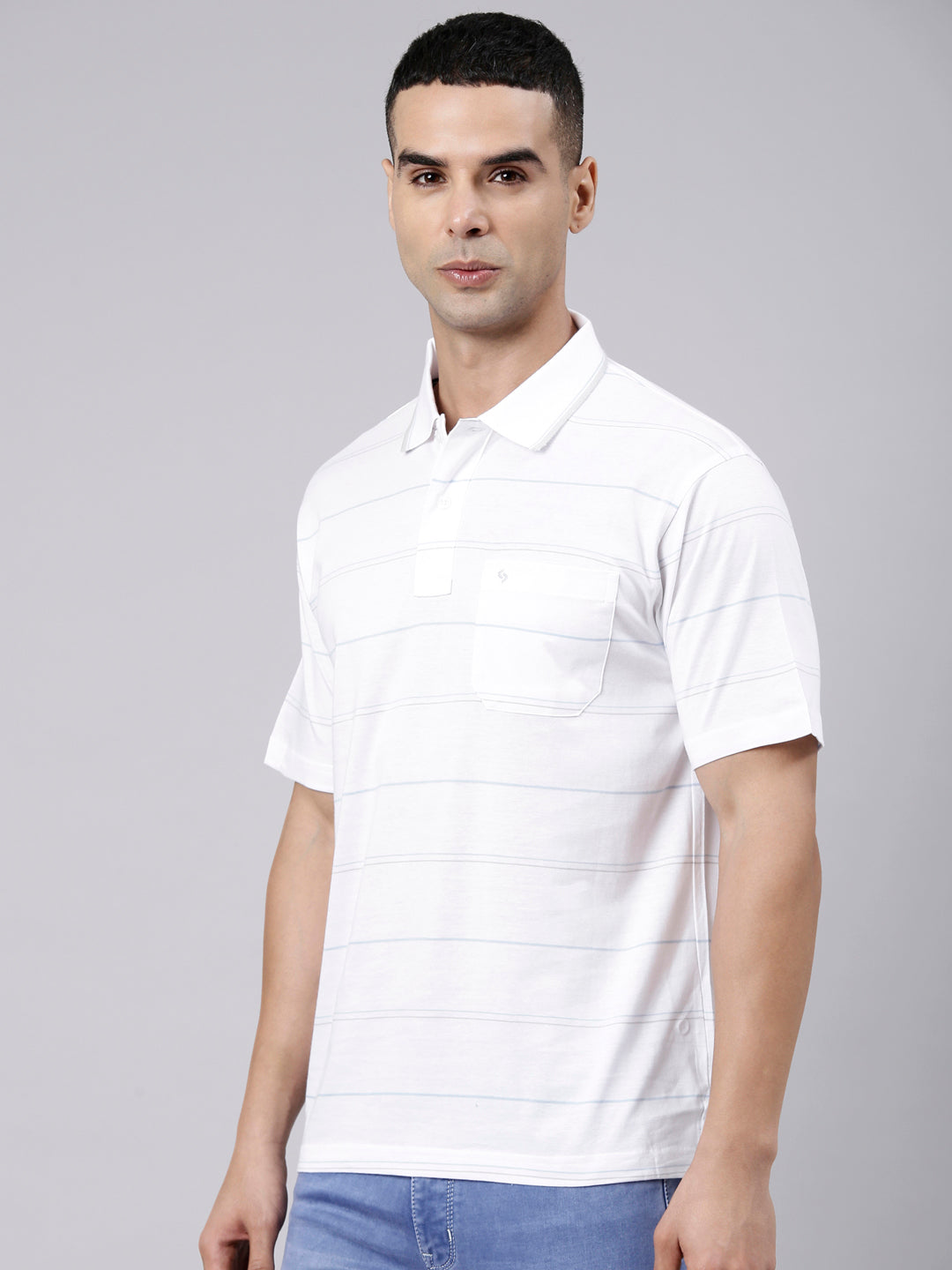 Classic Polo Men's Half Sleeve White Polo Neck Authentic Fit Striped Cotton Blend T-Shirt | LTS-STR - 141 A AF P