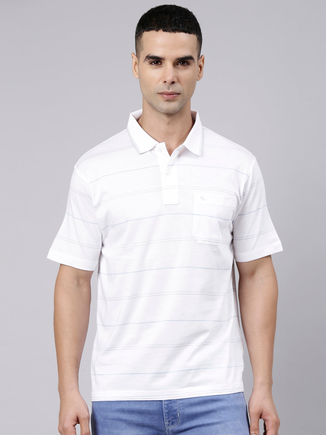 Classic Polo Men's Half Sleeve White Polo Neck Authentic Fit Striped Cotton Blend T-Shirt | LTS-STR - 141 A AF P