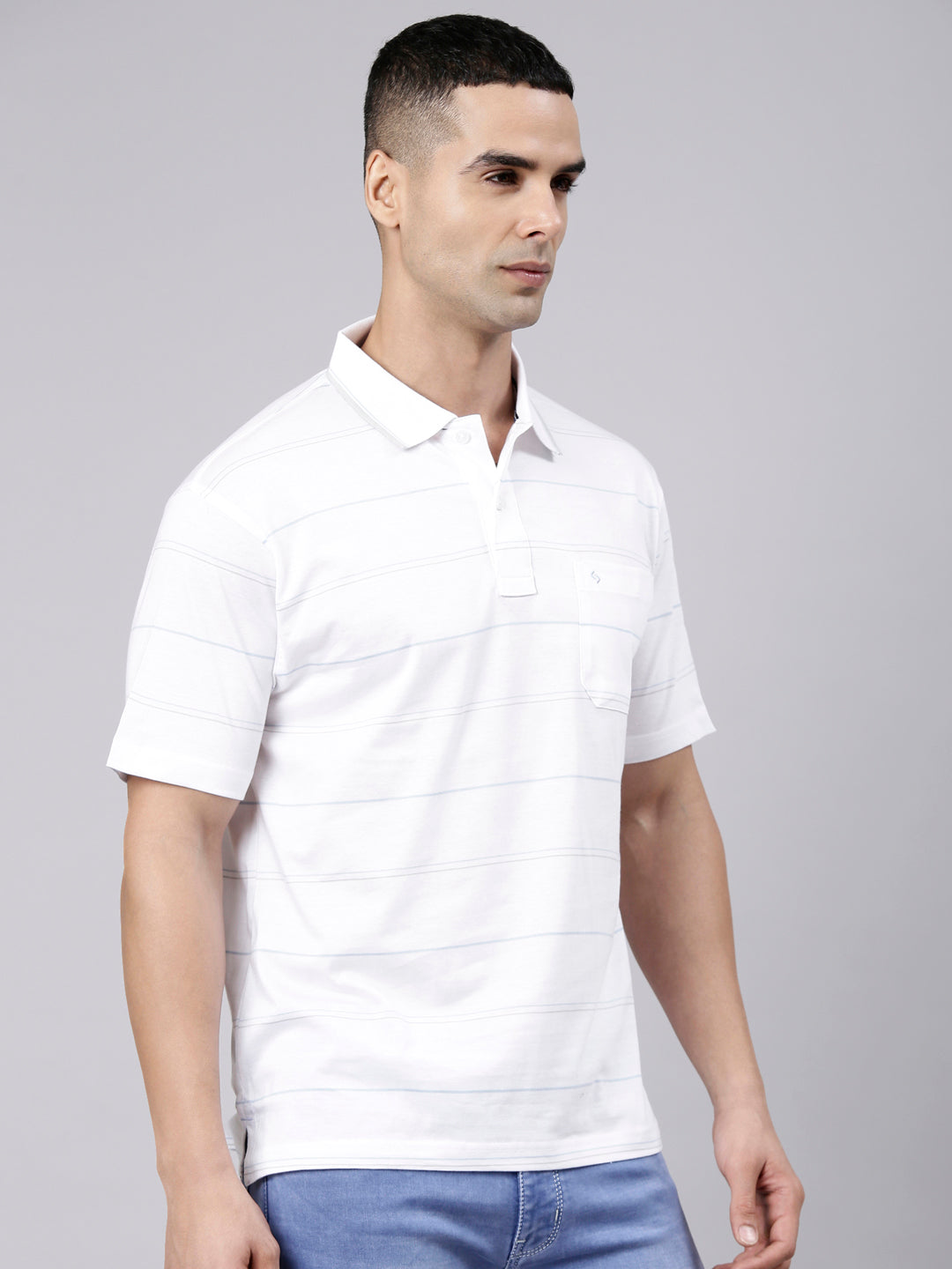 Classic Polo Men's Half Sleeve White Polo Neck Authentic Fit Striped Cotton Blend T-Shirt | LTS-STR - 141 A AF P