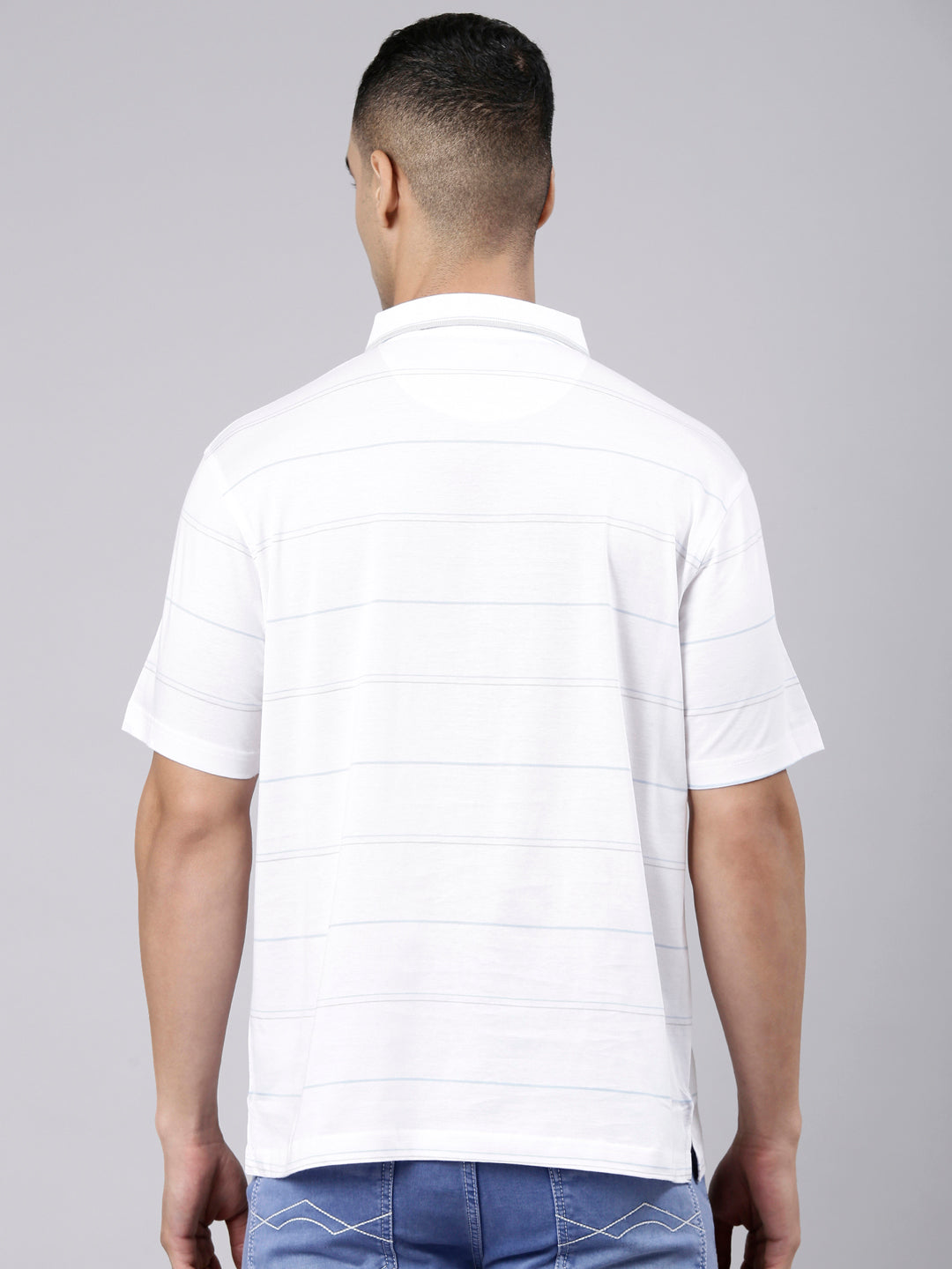 Classic Polo Men's Half Sleeve White Polo Neck Authentic Fit Striped Cotton Blend T-Shirt | LTS-STR - 141 A AF P
