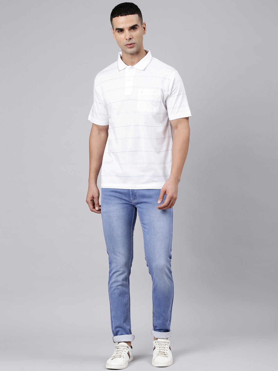 Classic Polo Men's Half Sleeve White Polo Neck Authentic Fit Striped Cotton Blend T-Shirt | LTS-STR - 141 A AF P