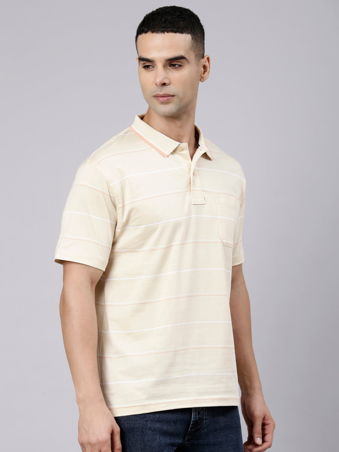 Classic Polo Men's Half Sleeve Beige Polo Neck Authentic Fit Striped Cotton Blend T-Shirt | LTS-STR - 141 B AF P