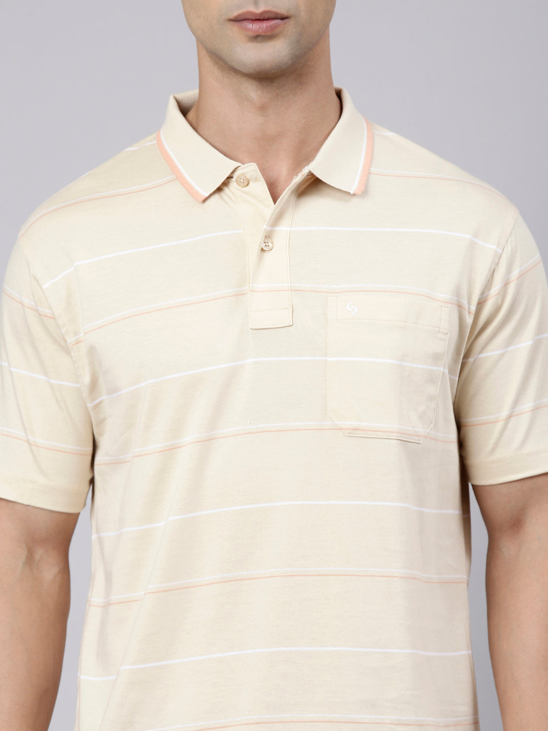 Classic Polo Men's Half Sleeve Beige Polo Neck Authentic Fit Striped Cotton Blend T-Shirt | LTS-STR - 141 B AF P