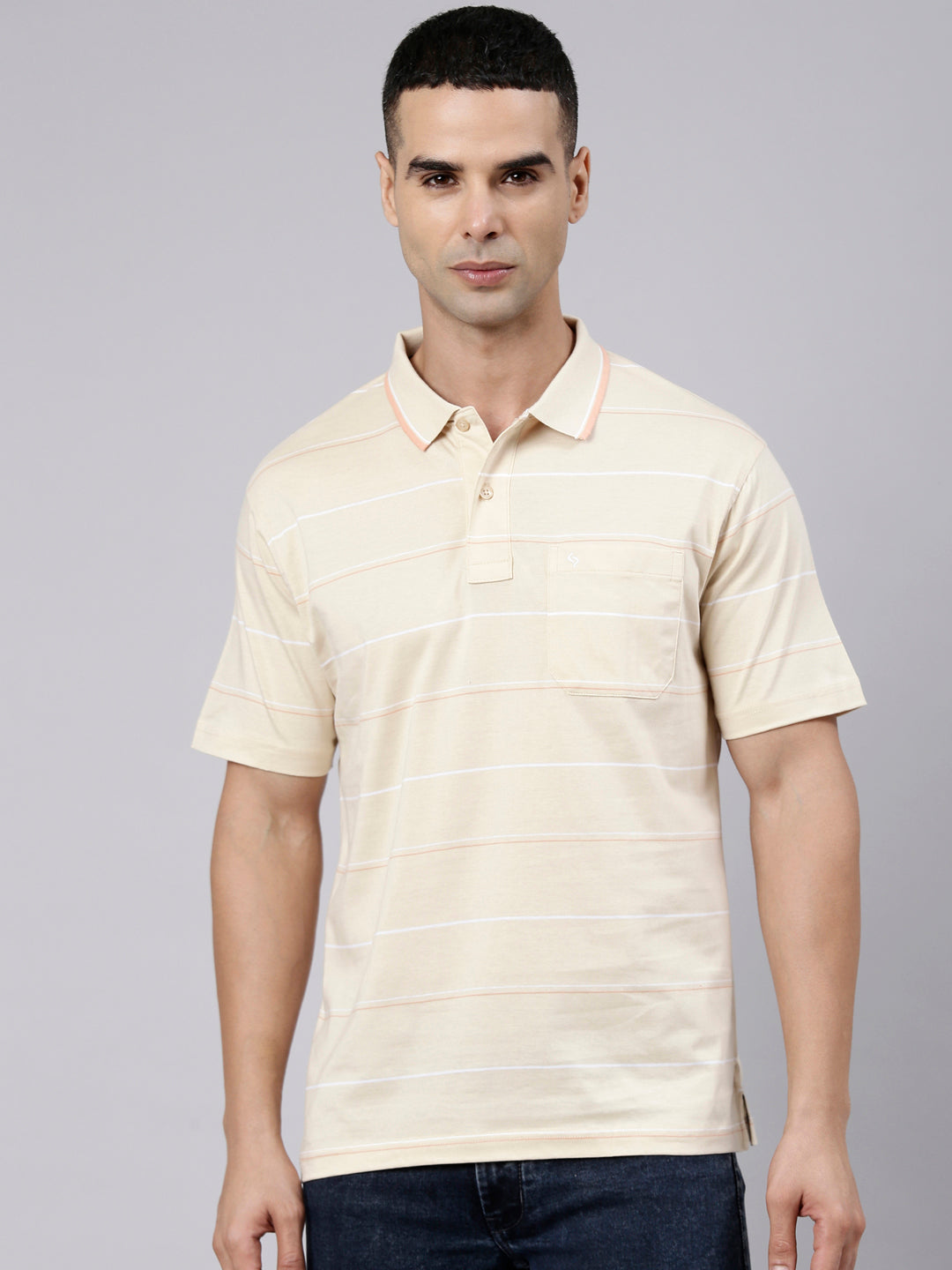 Classic Polo Men's Half Sleeve Beige Polo Neck Authentic Fit Striped Cotton Blend T-Shirt | LTS-STR - 141 B AF P