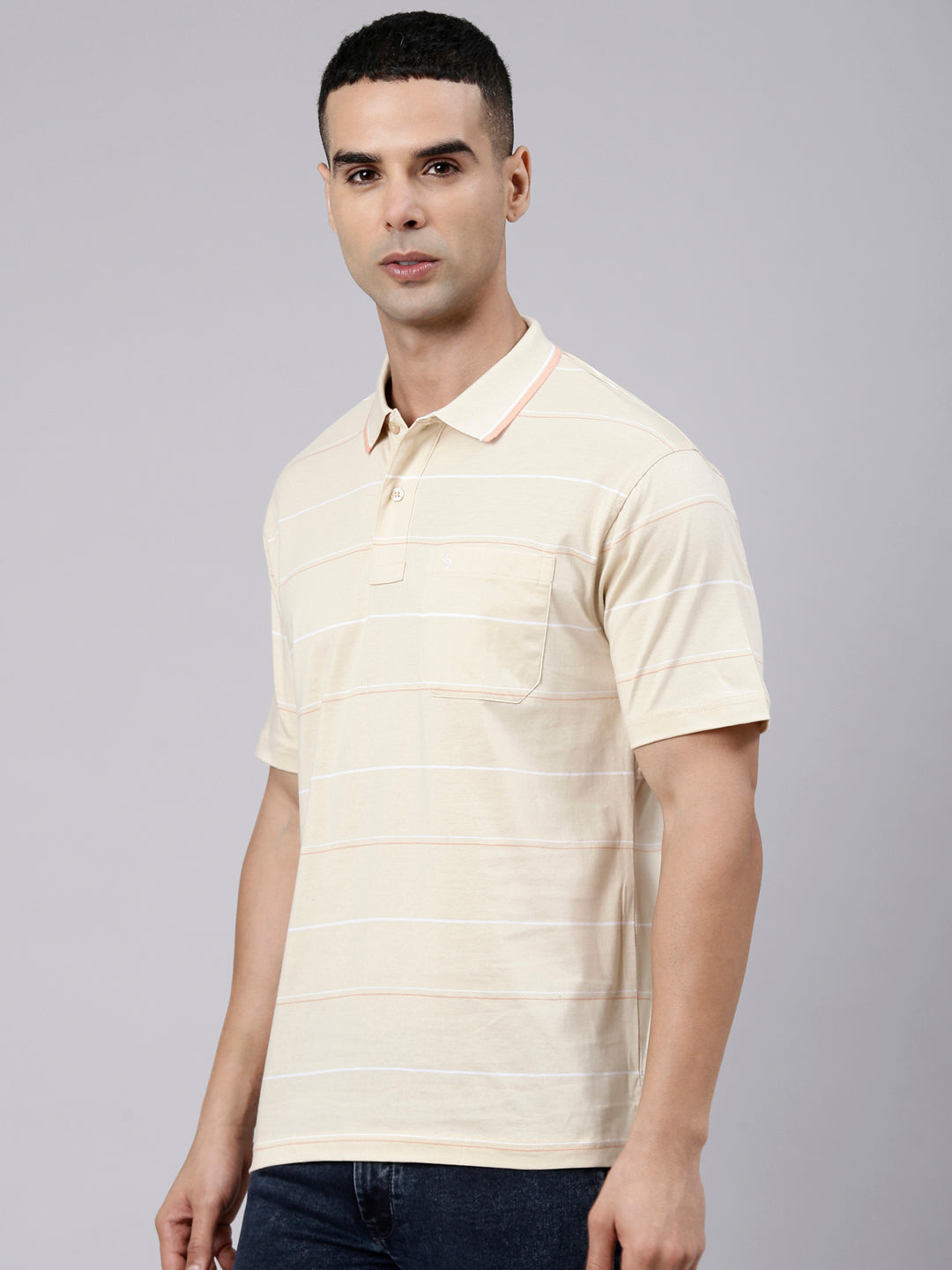 Classic Polo Men's Half Sleeve Beige Polo Neck Authentic Fit Striped Cotton Blend T-Shirt | LTS-STR - 141 B AF P