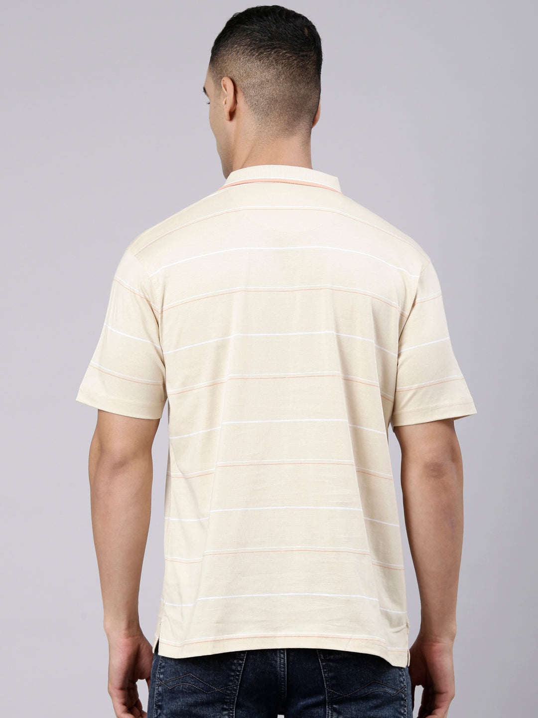 Classic Polo Men's Half Sleeve Beige Polo Neck Authentic Fit Striped Cotton Blend T-Shirt | LTS-STR - 141 B AF P