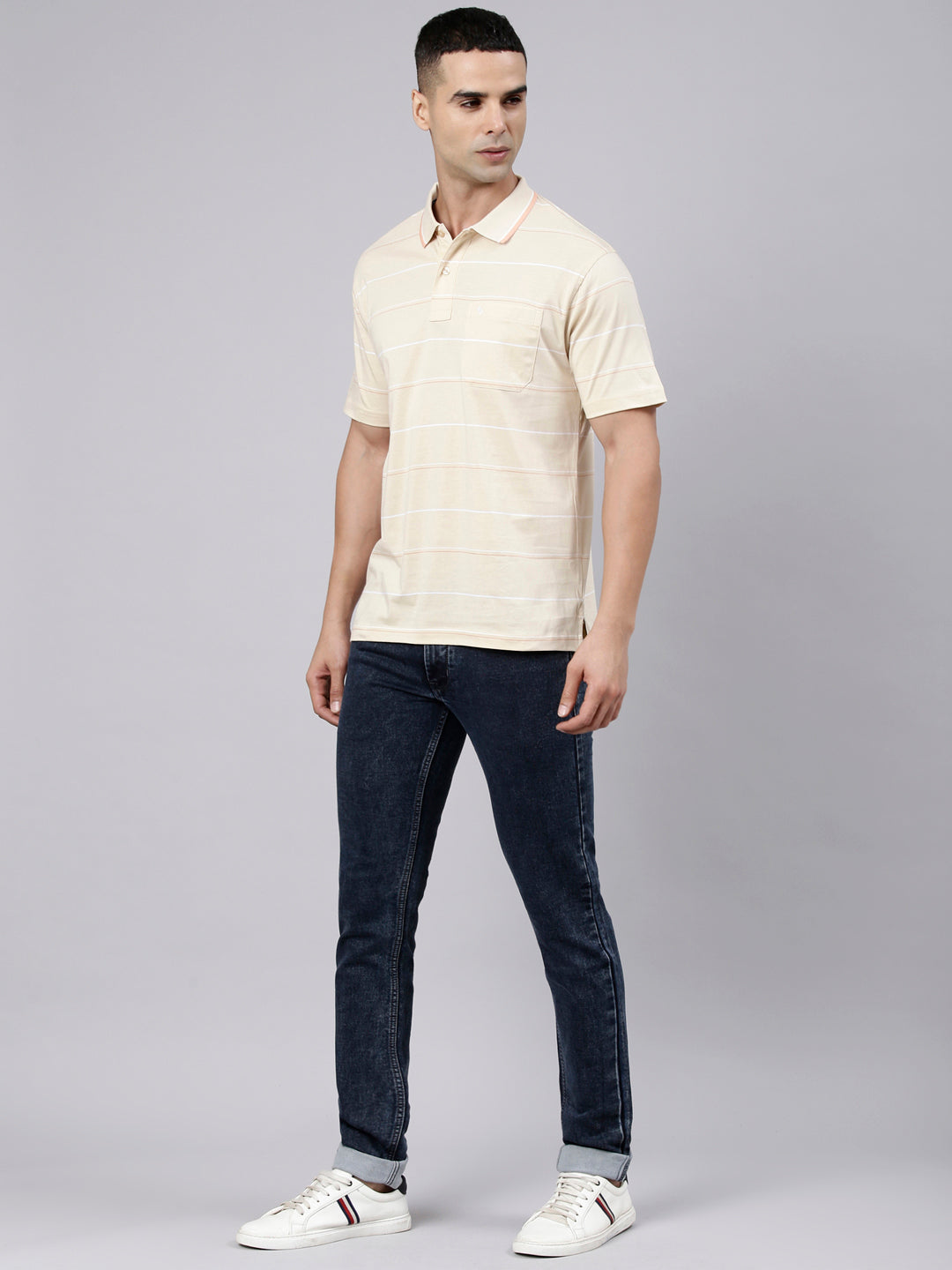 Classic Polo Men's Half Sleeve Beige Polo Neck Authentic Fit Striped Cotton Blend T-Shirt | LTS-STR - 141 B AF P