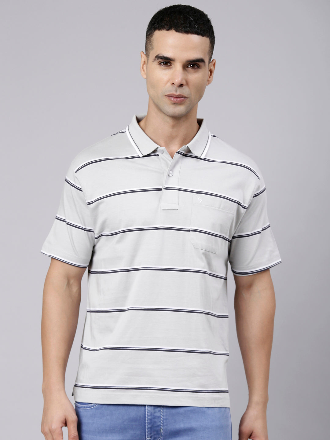 Classic Polo Men's Half Sleeve Grey Polo Neck Authentic Fit Striped Cotton Blend T-Shirt | LTS-STR - 142 B AF P