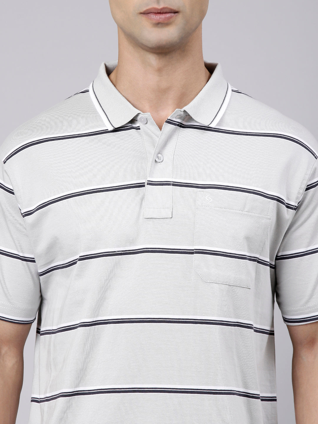 Classic Polo Men's Half Sleeve Grey Polo Neck Authentic Fit Striped Cotton Blend T-Shirt | LTS-STR - 142 B AF P