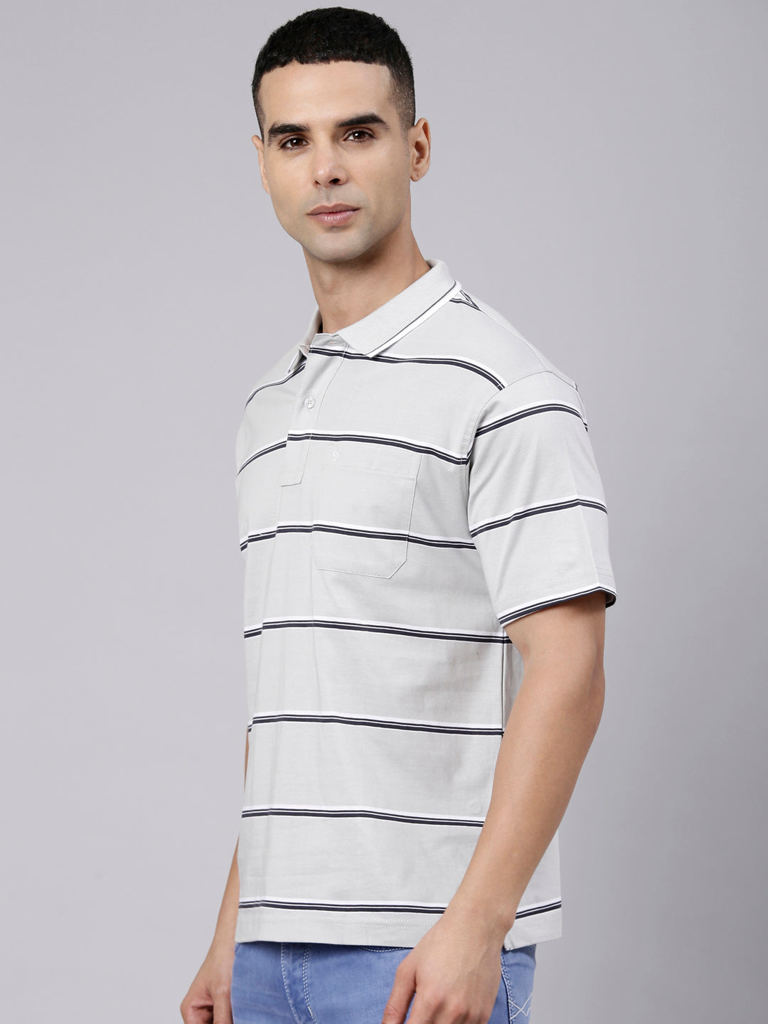 Classic Polo Men's Half Sleeve Grey Polo Neck Authentic Fit Striped Cotton Blend T-Shirt | LTS-STR - 142 B AF P