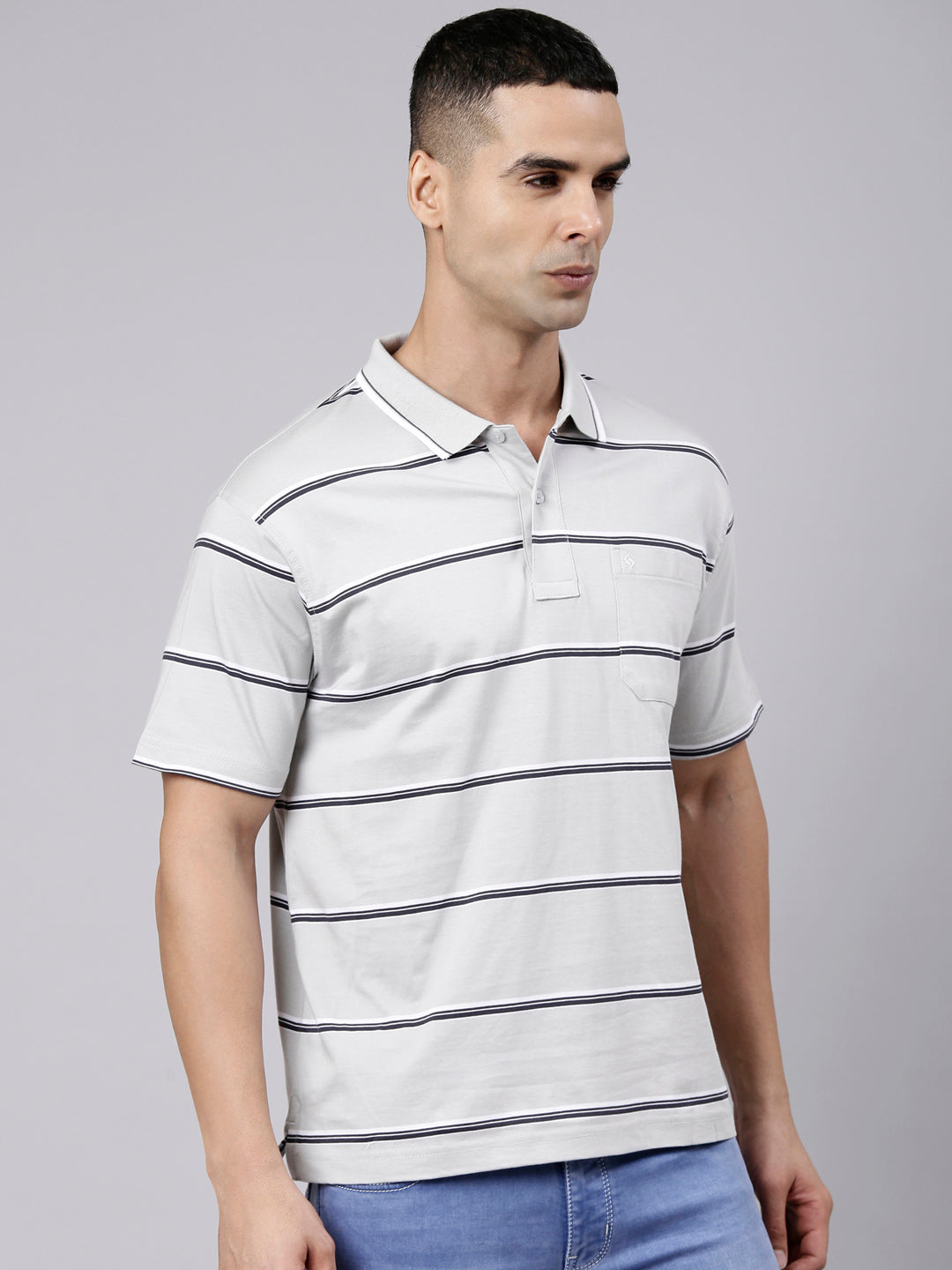 Classic Polo Men's Half Sleeve Grey Polo Neck Authentic Fit Striped Cotton Blend T-Shirt | LTS-STR - 142 B AF P