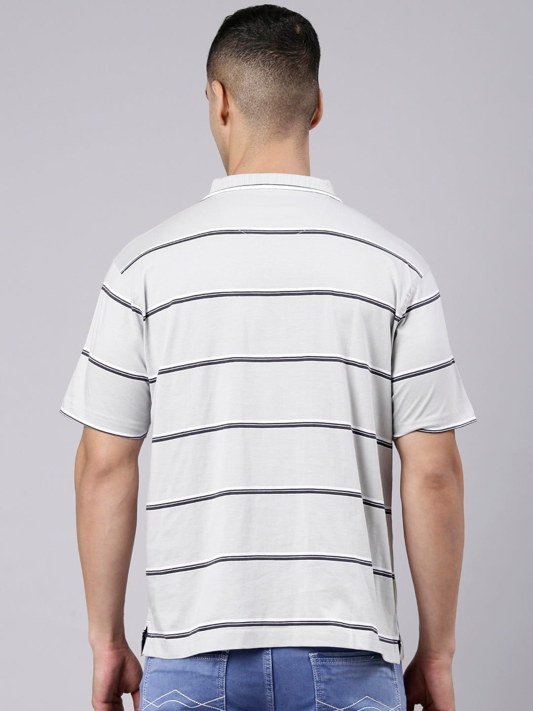 Classic Polo Men's Half Sleeve Grey Polo Neck Authentic Fit Striped Cotton Blend T-Shirt | LTS-STR - 142 B AF P
