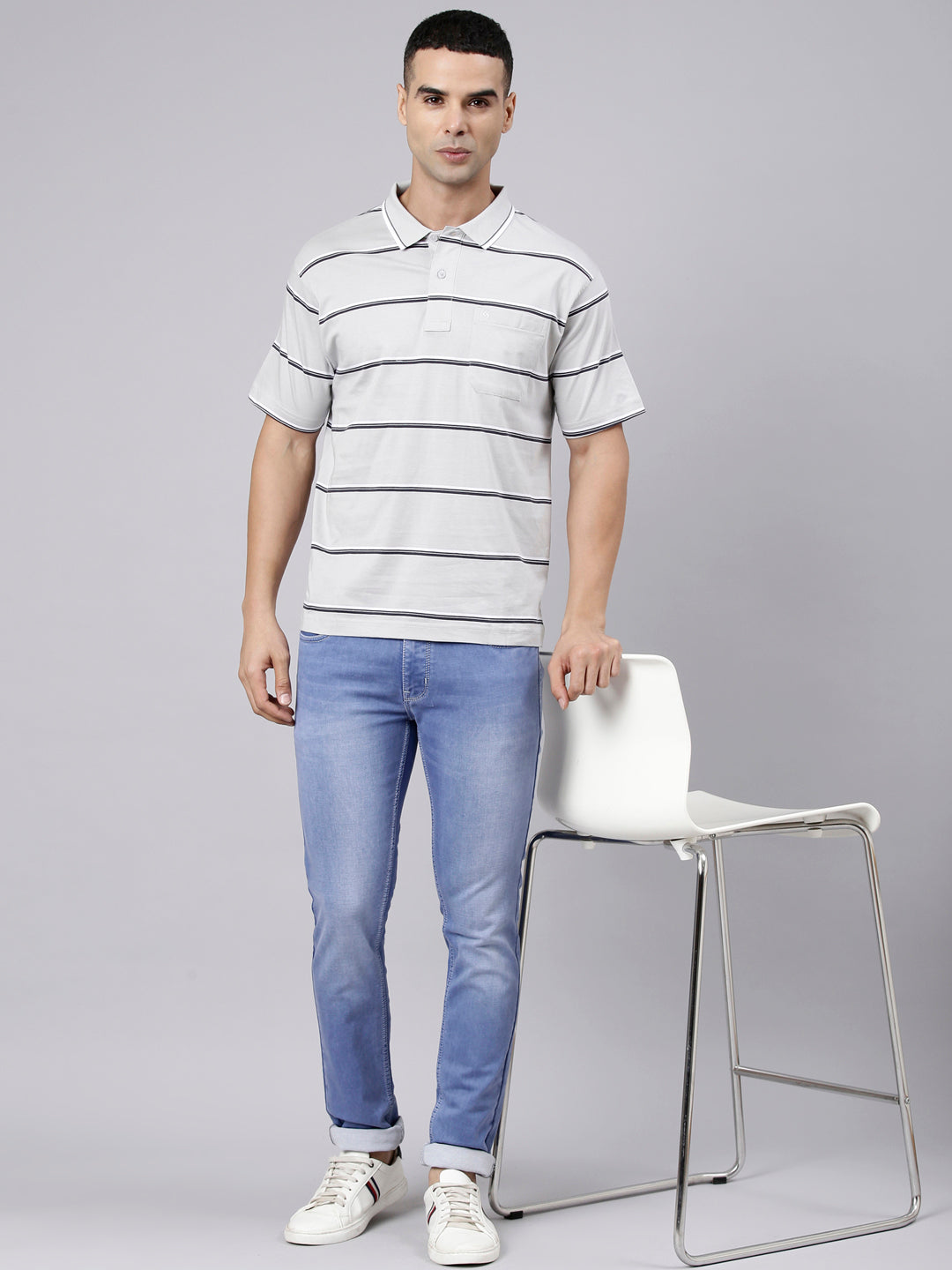 Classic Polo Men's Half Sleeve Grey Polo Neck Authentic Fit Striped Cotton Blend T-Shirt | LTS-STR - 142 B AF P