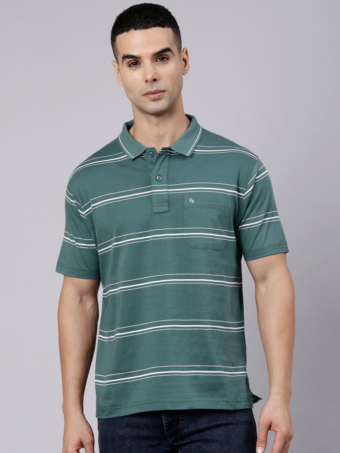 Classic Polo Men's Half Sleeve Dark Green Polo Neck Authentic Fit Striped Cotton Blend T-Shirt | LTS-STR - 144 A AF P
