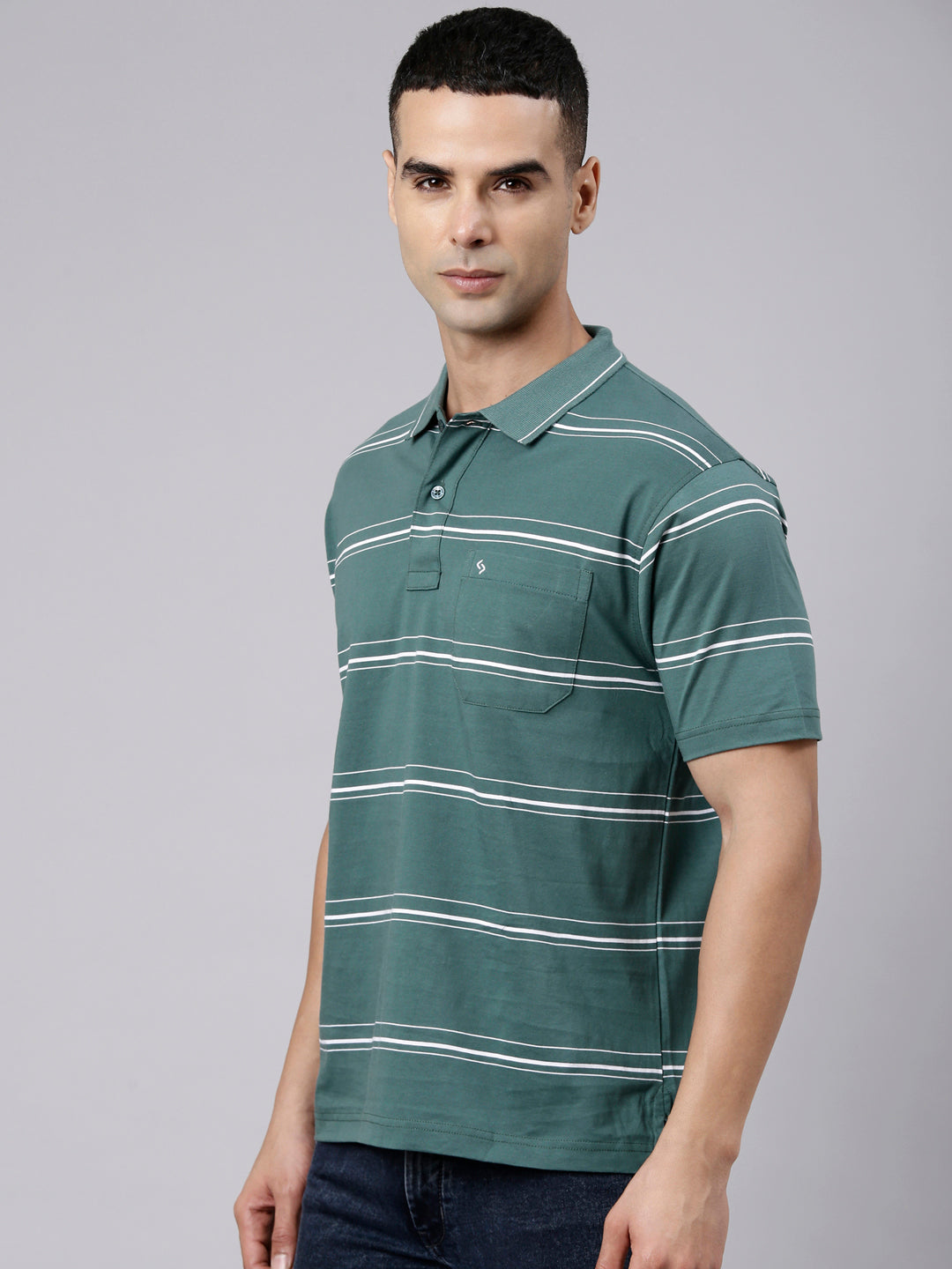 Classic Polo Men's Half Sleeve Dark Green Polo Neck Authentic Fit Striped Cotton Blend T-Shirt | LTS-STR - 144 A AF P