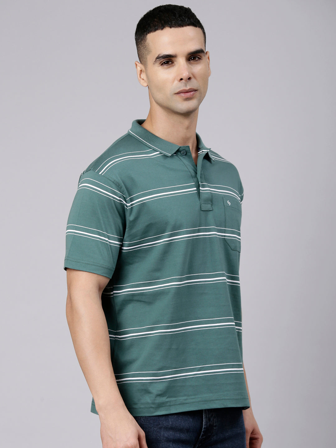 Classic Polo Men's Half Sleeve Dark Green Polo Neck Authentic Fit Striped Cotton Blend T-Shirt | LTS-STR - 144 A AF P