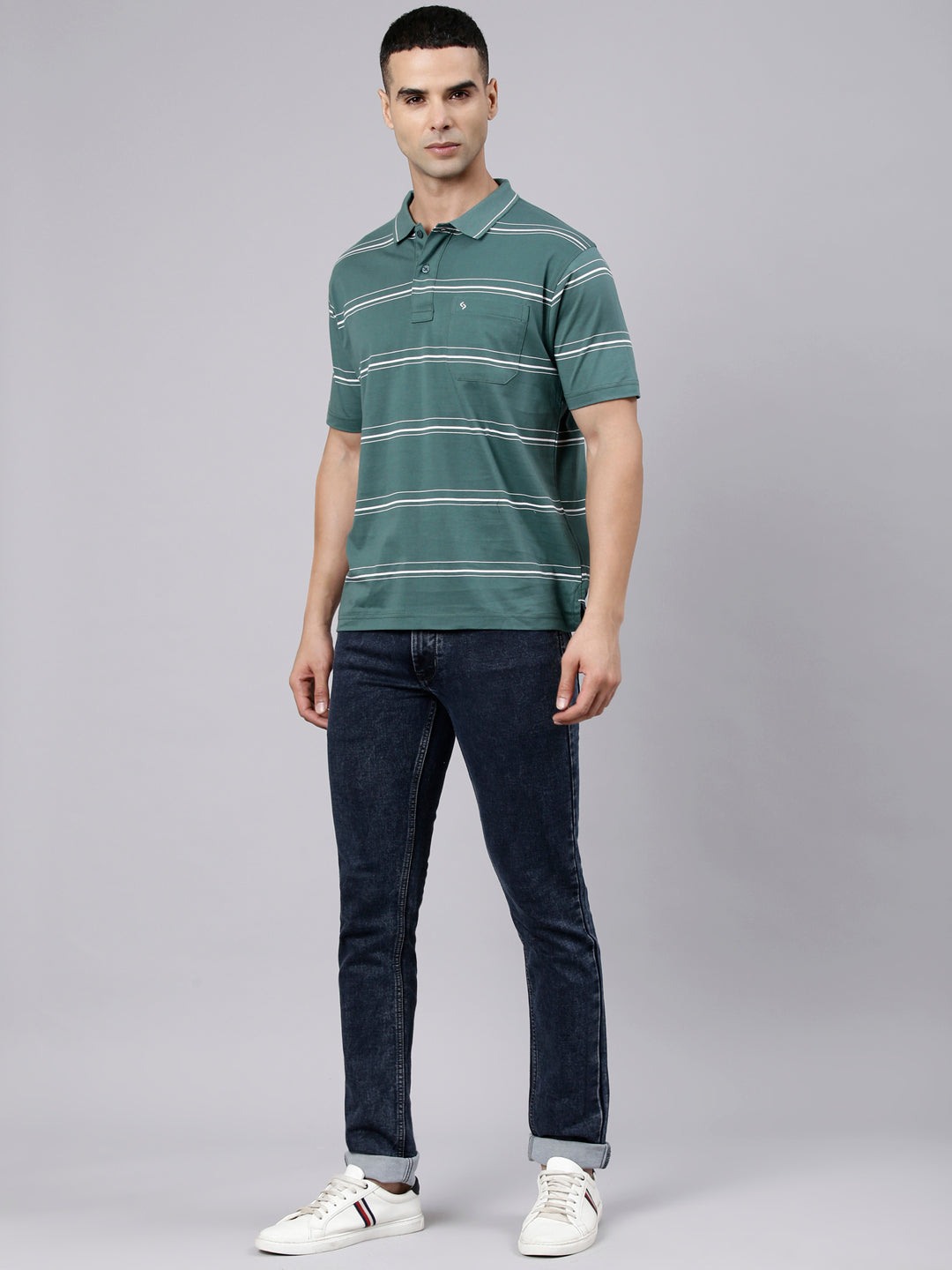 Classic Polo Men's Half Sleeve Dark Green Polo Neck Authentic Fit Striped Cotton Blend T-Shirt | LTS-STR - 144 A AF P