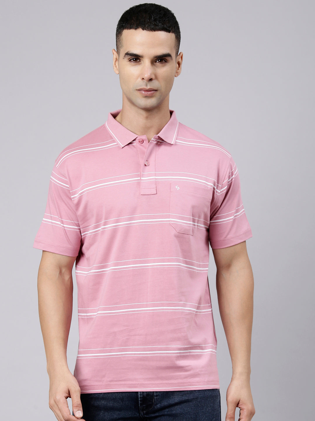 Classic Polo Men's Half Sleeve Pink Polo Neck Authentic Fit Striped Cotton Blend T-Shirt | LTS-STR - 144 B AF P