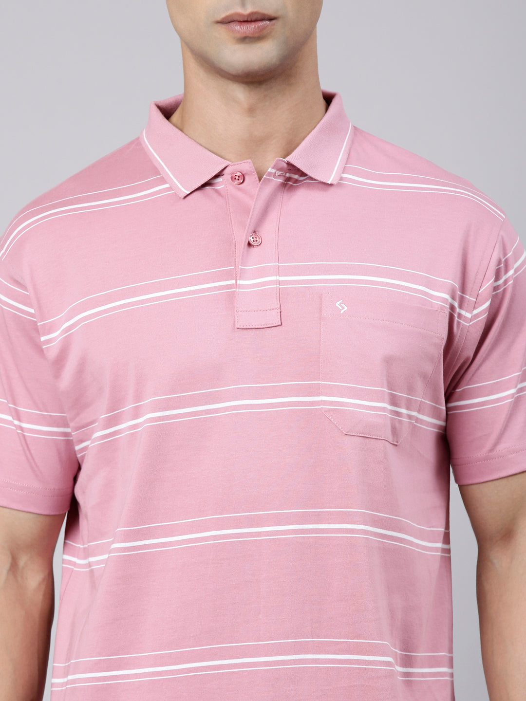 Classic Polo Men's Half Sleeve Pink Polo Neck Authentic Fit Striped Cotton Blend T-Shirt | LTS-STR - 144 B AF P