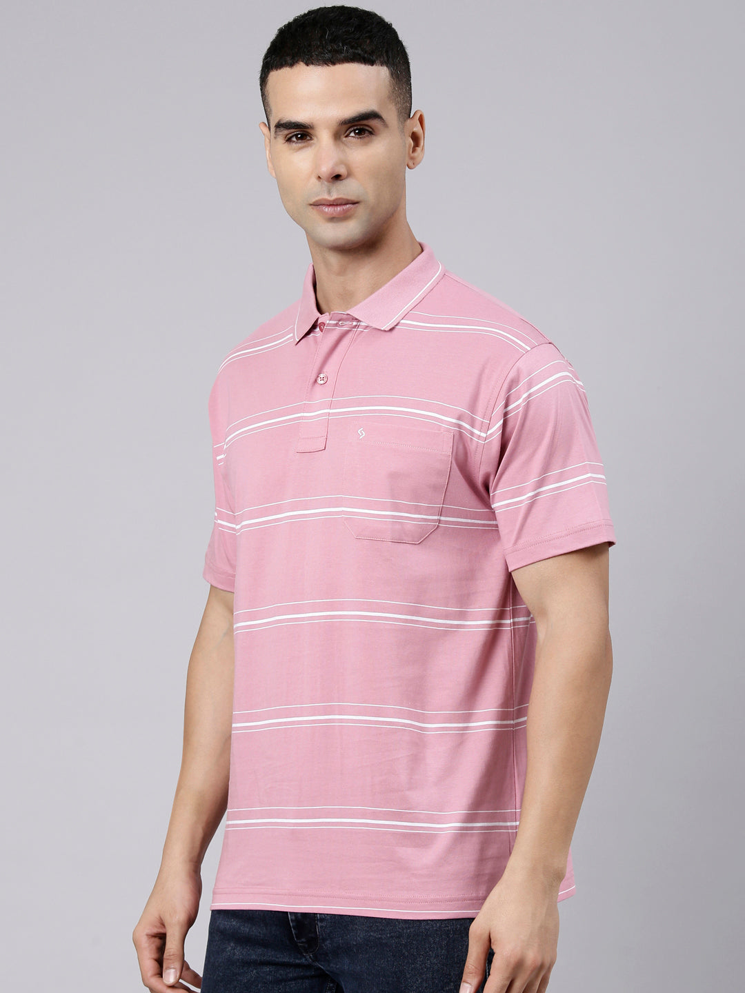 Classic Polo Men's Half Sleeve Pink Polo Neck Authentic Fit Striped Cotton Blend T-Shirt | LTS-STR - 144 B AF P