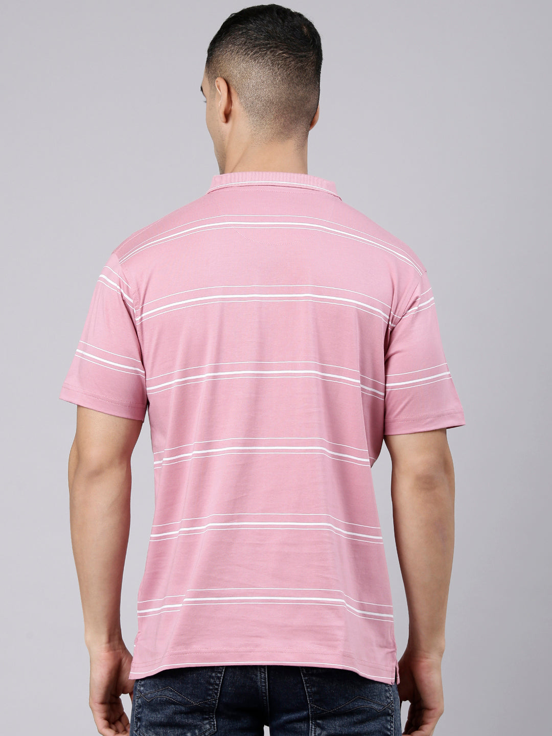 Classic Polo Men's Half Sleeve Pink Polo Neck Authentic Fit Striped Cotton Blend T-Shirt | LTS-STR - 144 B AF P