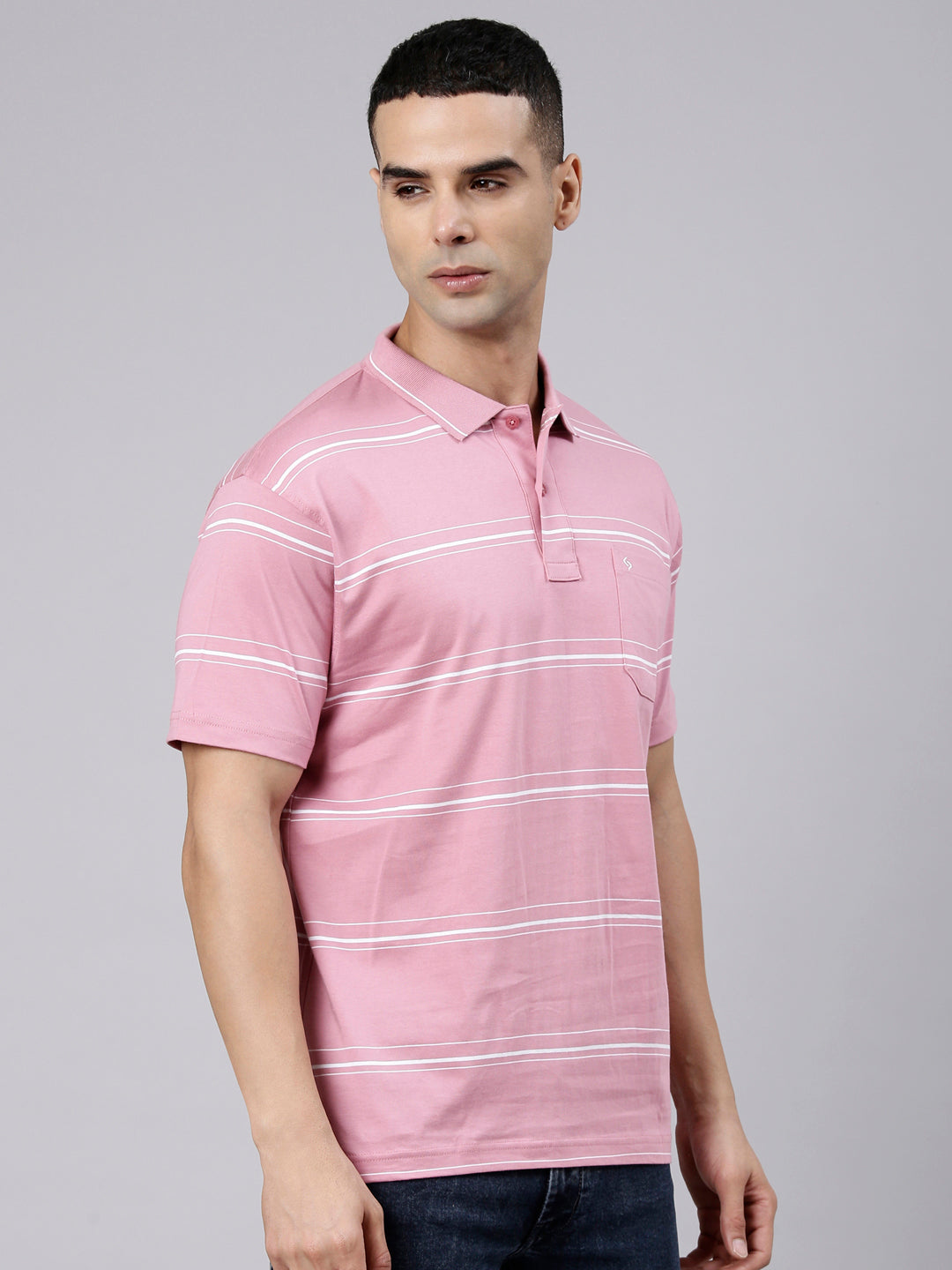 Classic Polo Men's Half Sleeve Pink Polo Neck Authentic Fit Striped Cotton Blend T-Shirt | LTS-STR - 144 B AF P