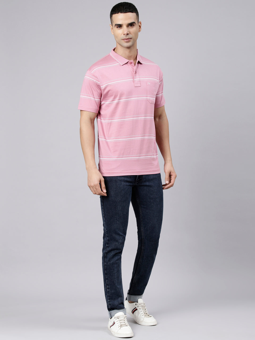 Classic Polo Men's Half Sleeve Pink Polo Neck Authentic Fit Striped Cotton Blend T-Shirt | LTS-STR - 144 B AF P