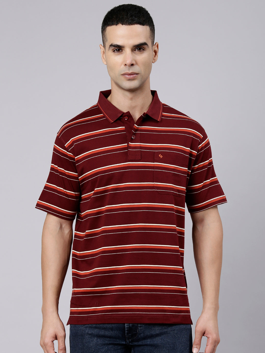 Classic Polo Men's Half Sleeve Maroon Polo Neck Authentic Fit Striped Cotton Blend T-Shirt | LTS-STR - 145 B AF P