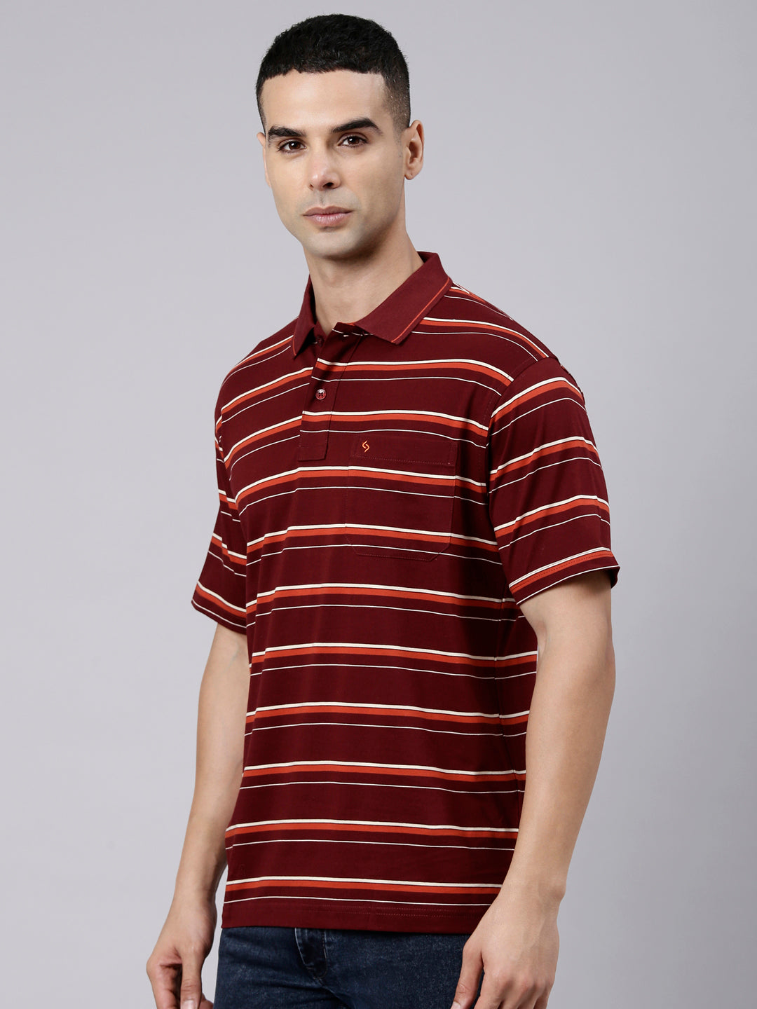Classic Polo Men's Half Sleeve Maroon Polo Neck Authentic Fit Striped Cotton Blend T-Shirt | LTS-STR - 145 B AF P
