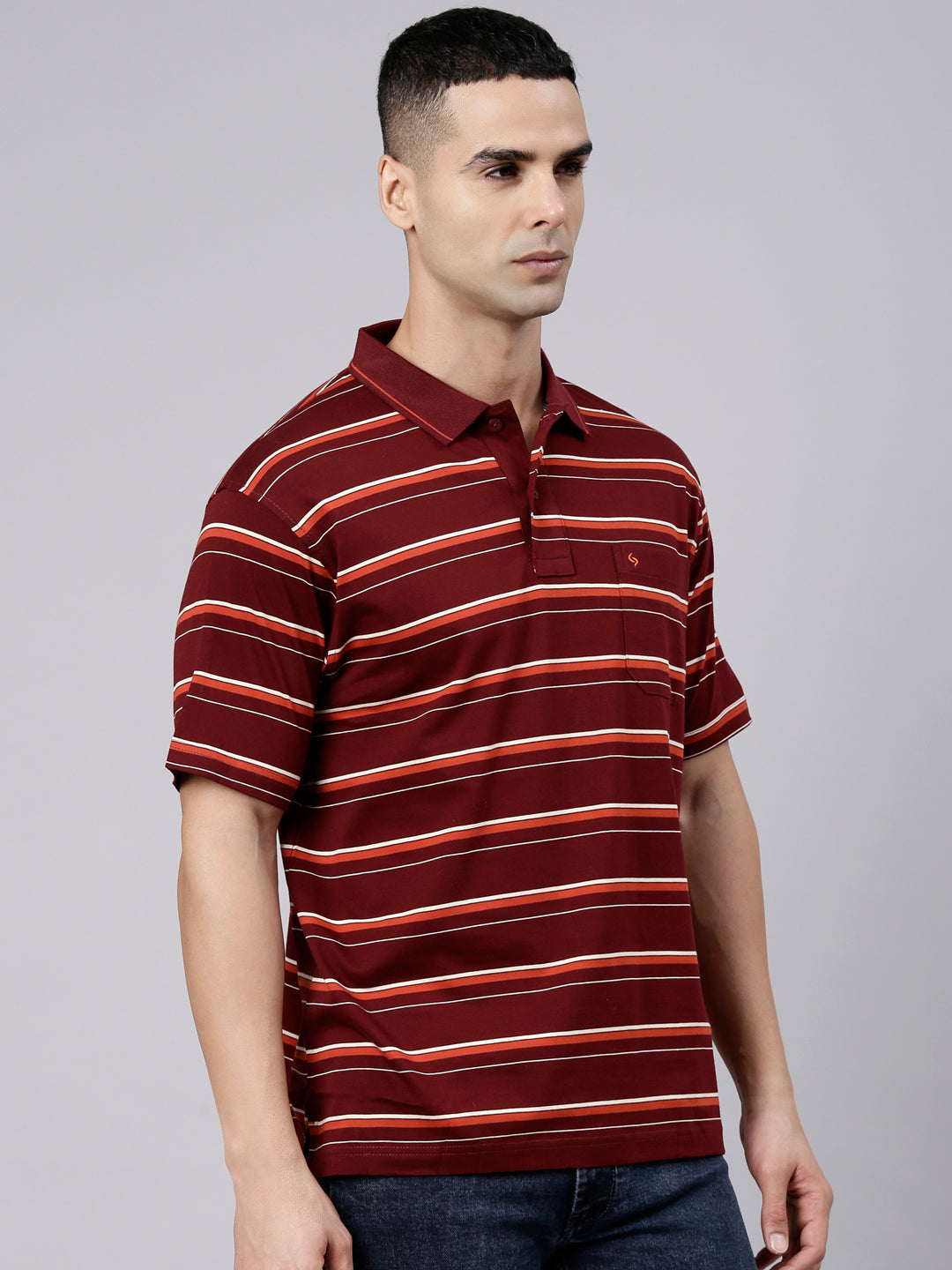Classic Polo Men's Half Sleeve Maroon Polo Neck Authentic Fit Striped Cotton Blend T-Shirt | LTS-STR - 145 B AF P