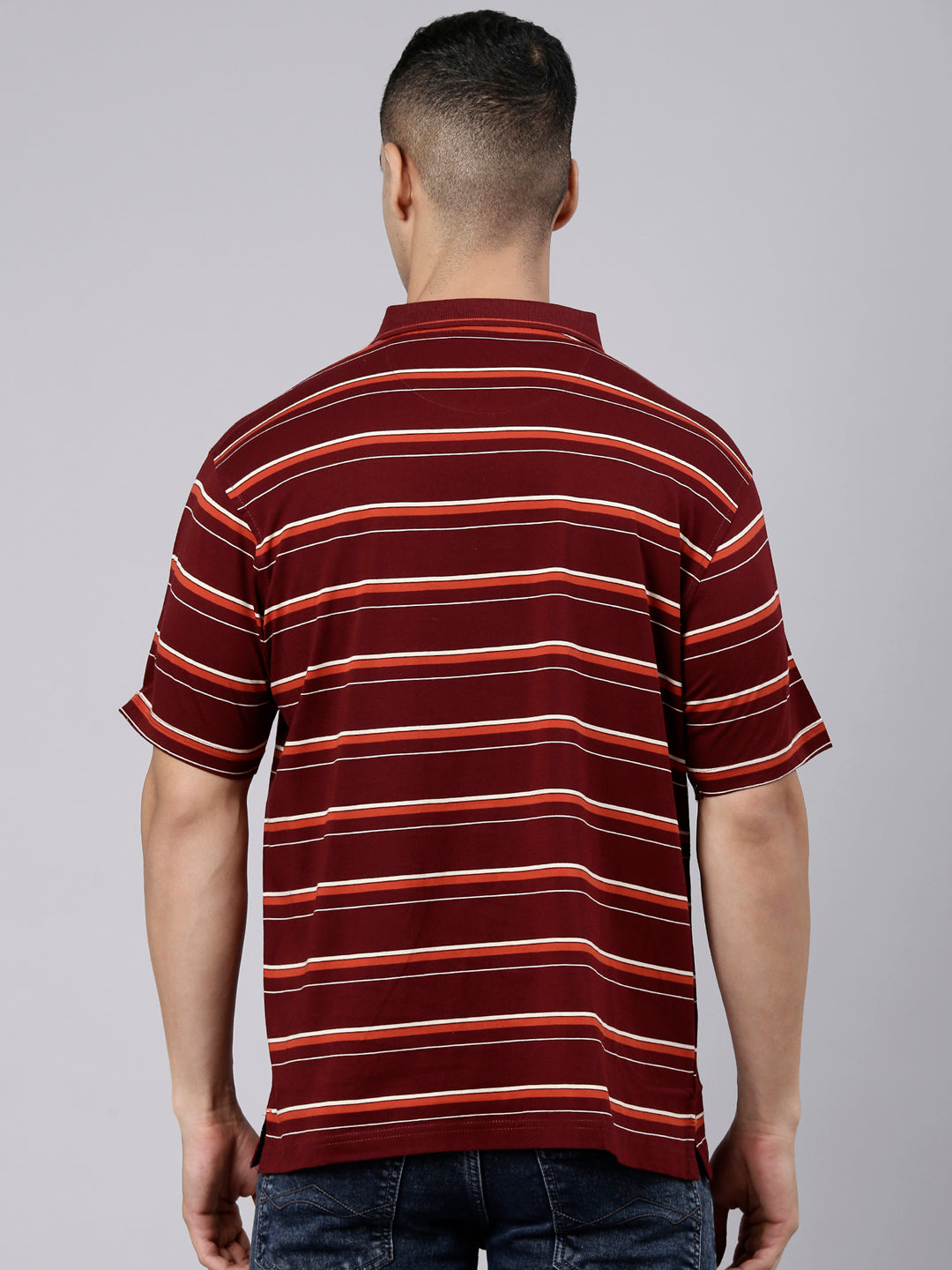 Classic Polo Men's Half Sleeve Maroon Polo Neck Authentic Fit Striped Cotton Blend T-Shirt | LTS-STR - 145 B AF P