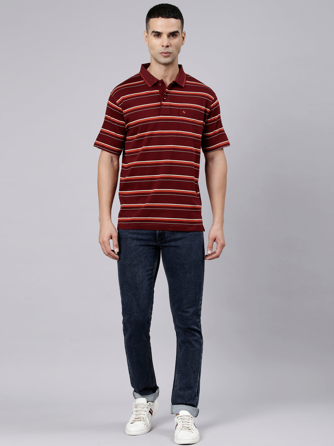 Classic Polo Men's Half Sleeve Maroon Polo Neck Authentic Fit Striped Cotton Blend T-Shirt | LTS-STR - 145 B AF P