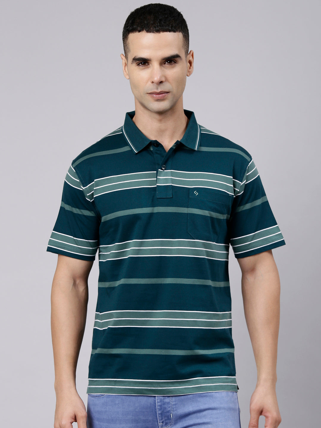 Classic Polo Men's Half Sleeve Dark Green Polo Neck Authentic Fit Striped Cotton Blend T-Shirt | LTS-STR - 146 A AF P