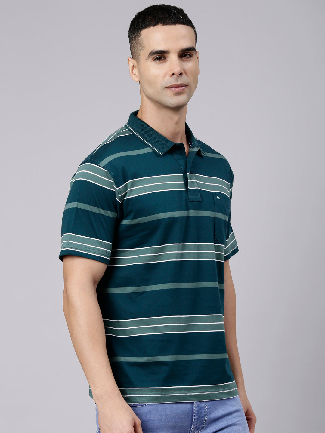 Classic Polo Men's Half Sleeve Dark Green Polo Neck Authentic Fit Striped Cotton Blend T-Shirt | LTS-STR - 146 A AF P