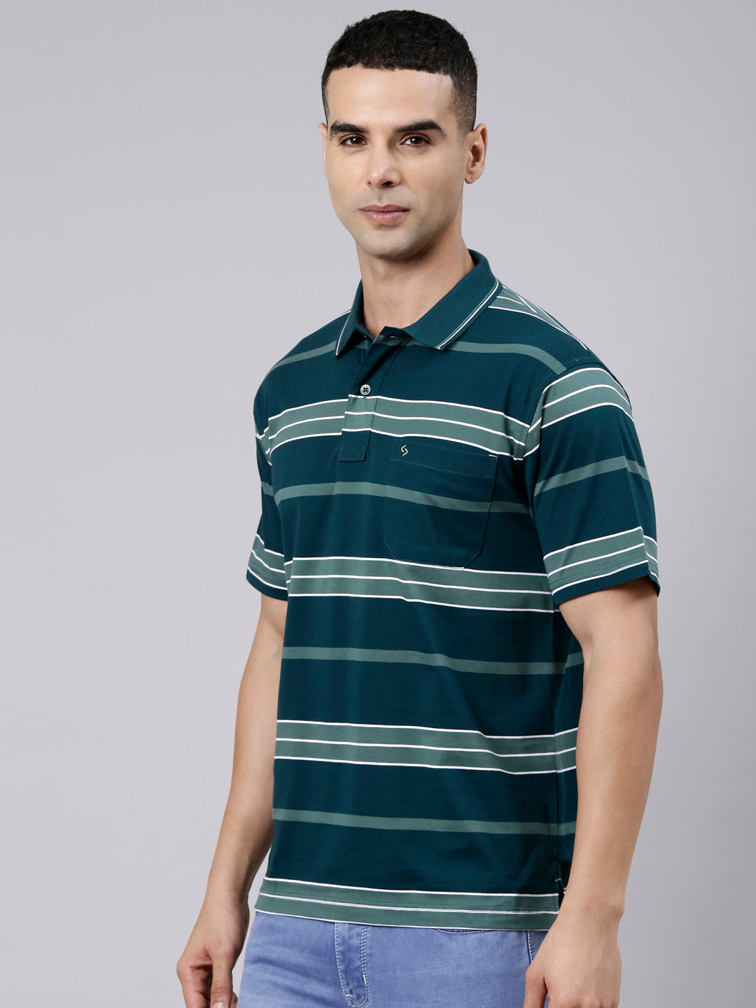 Classic Polo Men's Half Sleeve Dark Green Polo Neck Authentic Fit Striped Cotton Blend T-Shirt | LTS-STR - 146 A AF P