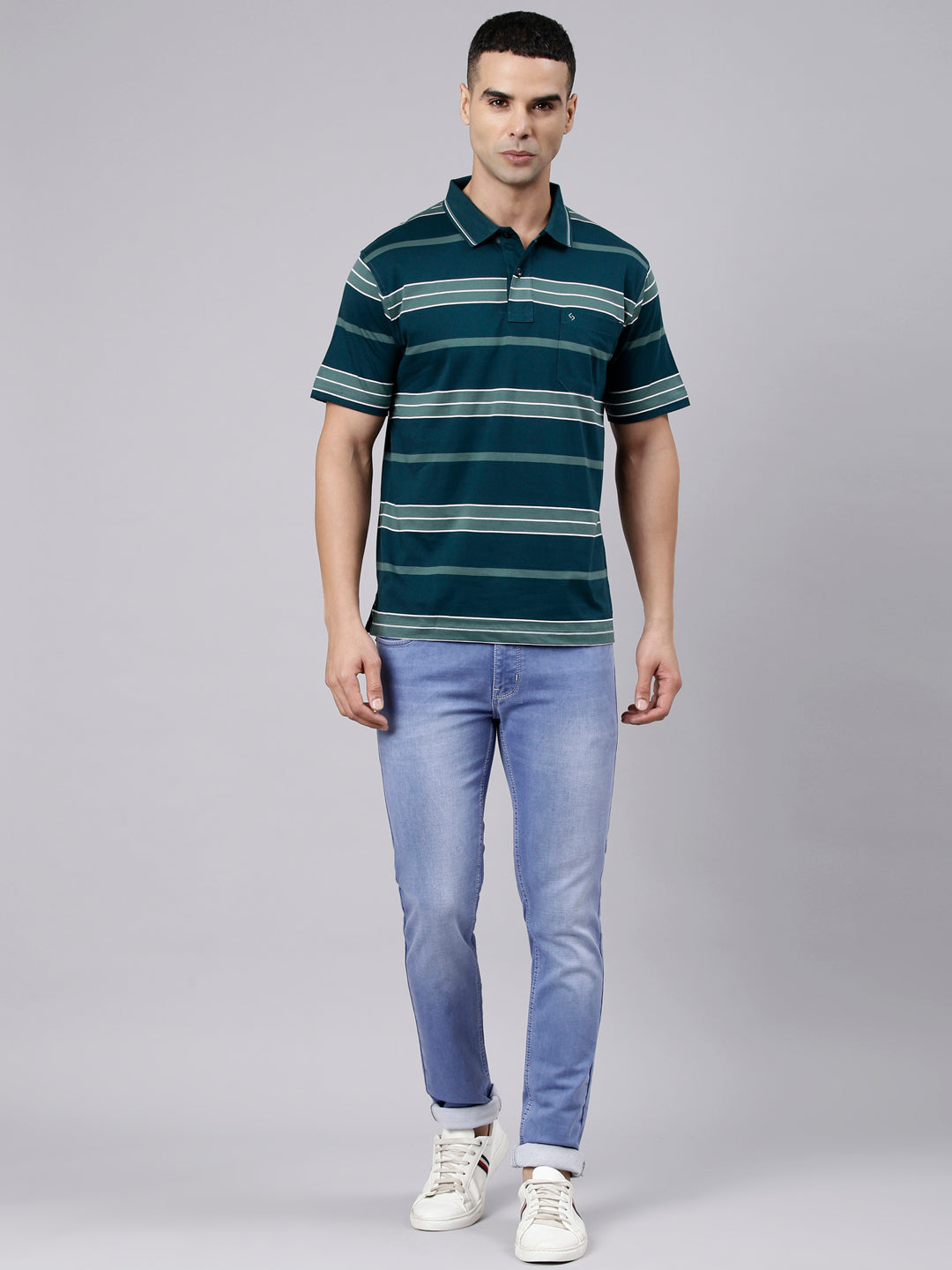 Classic Polo Men's Half Sleeve Dark Green Polo Neck Authentic Fit Striped Cotton Blend T-Shirt | LTS-STR - 146 A AF P