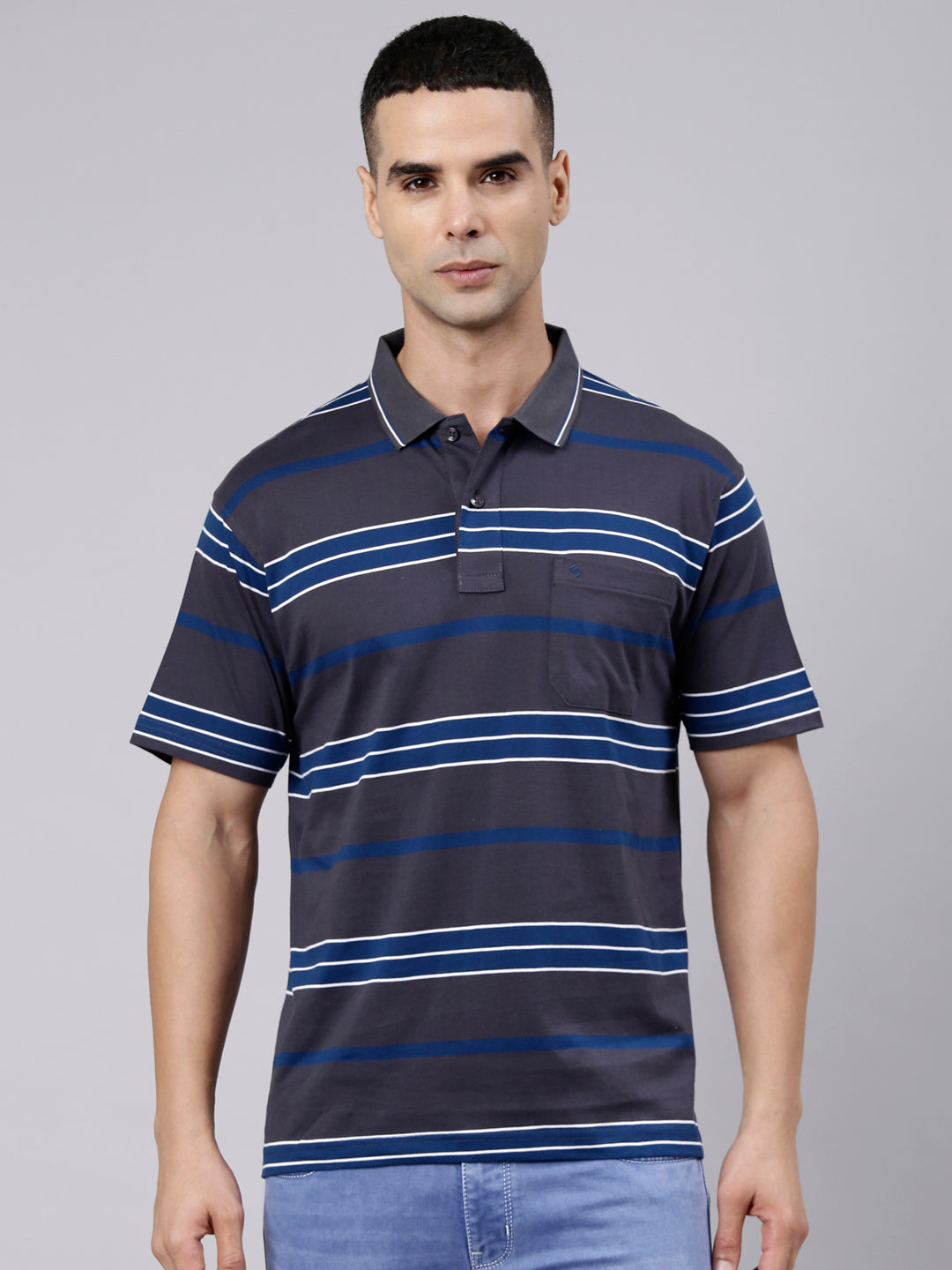 Classic Polo Men's Half Sleeve Dark Grey Polo Neck Authentic Fit Striped Cotton Blend T-Shirt | LTS-STR - 146 B AF P