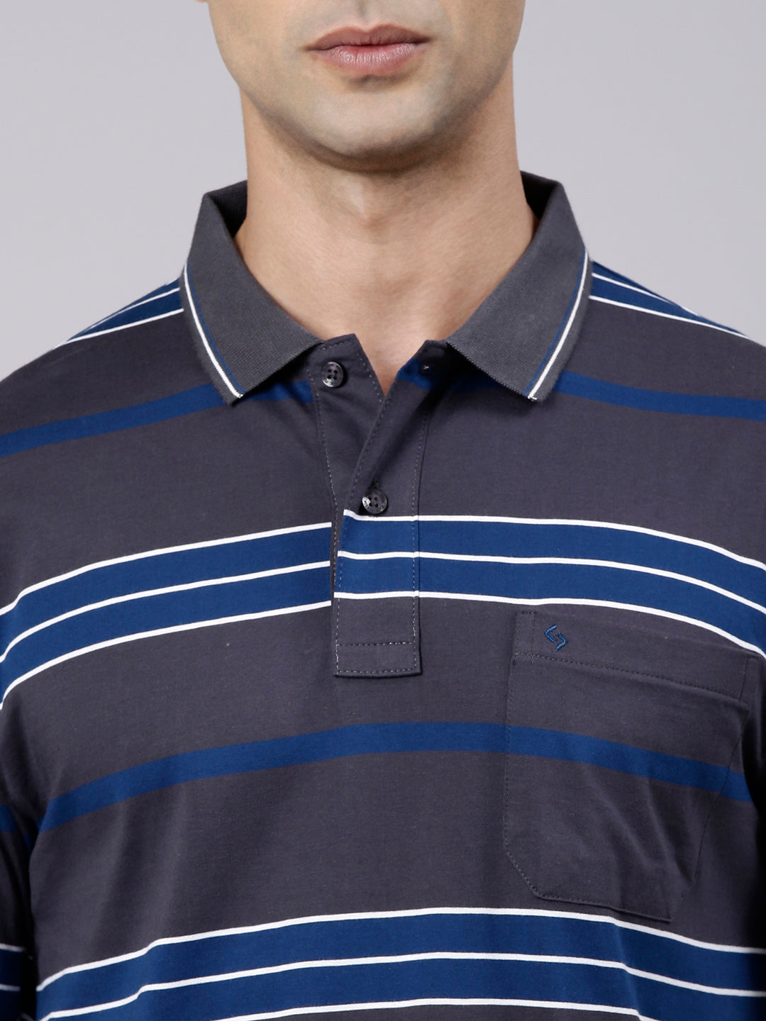 Classic Polo Men's Half Sleeve Dark Grey Polo Neck Authentic Fit Striped Cotton Blend T-Shirt | LTS-STR - 146 B AF P